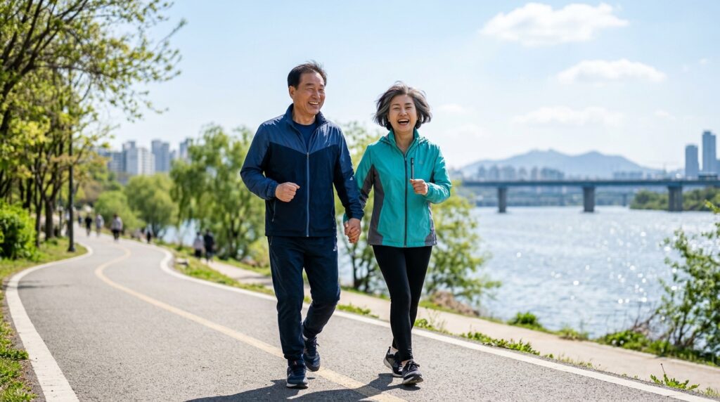 60대인데 10년 젊어 보이는 사람들의 공통점 4가지 핵심 습관인 매일 가벼운 산책을 실천하며 혈액순환을 돕고 활기차게 강변 길을 걷고 있는 건강한 노년기 부부