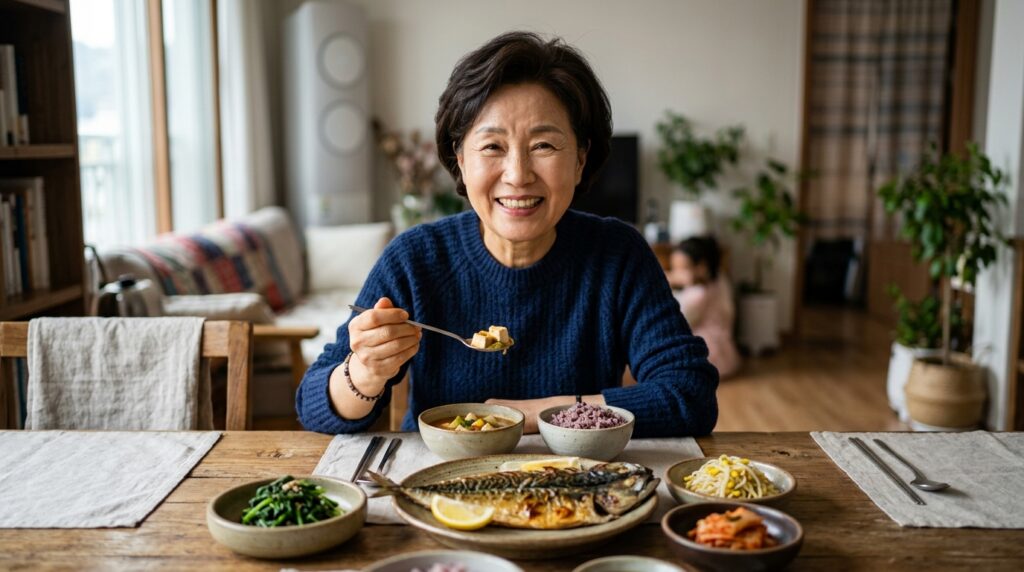 60대인데 10년 젊어 보이는 사람들의 공통점 4가지 중 하나인 근감소증 예방을 위해 식탁에 두부와 생선구이 같은 단백질 반찬을 챙겨 먹으며 활짝 웃고 있는 노인 여성 어르신