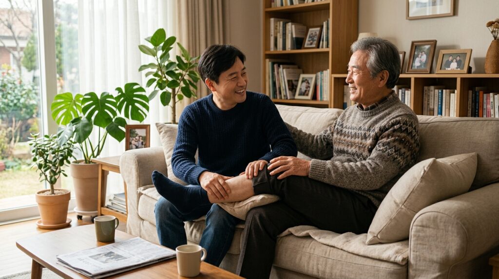 부모님의 허벅지와 다리 근육 상태를 살피며 근감소증 위험도를 체크하는 자녀의 모습