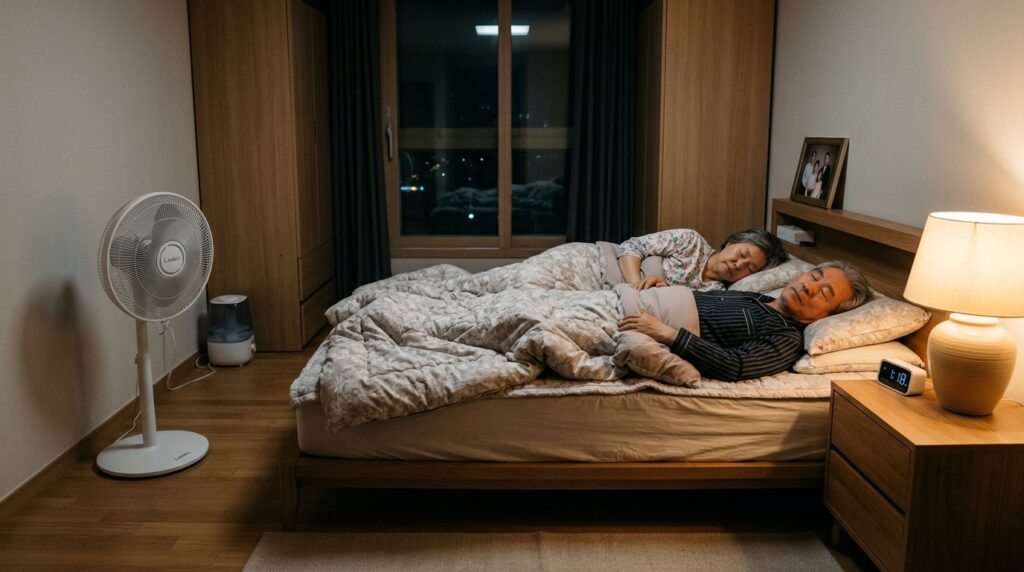 밤에 선풍기를 사용하며 편안하게 잠자는 시니어 부부
