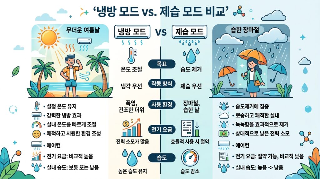 에어컨 냉방모드와 제습모드 사용 상황 비교 이미지