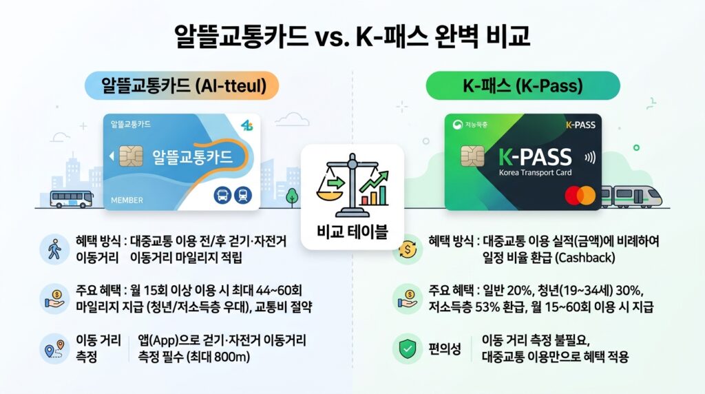 왼쪽에는 알뜰교통카드, 오른쪽에는 K-패스 카드를 배치 비교