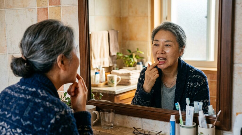 잇몸 건강과 피부 변화를 확인하는 60대 여성