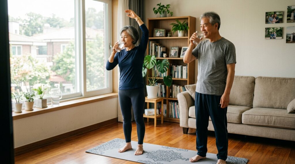 물을 마시고 스트레칭하는 60대 부부